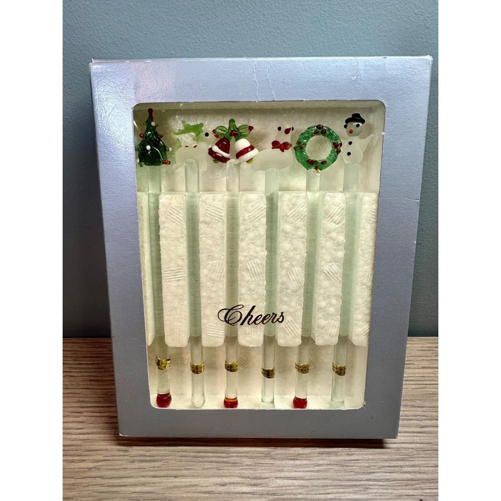 New Vintage Taiwan Christmas Glass Swizzle Sticks Boxed Set 6 Hand Blown NOS